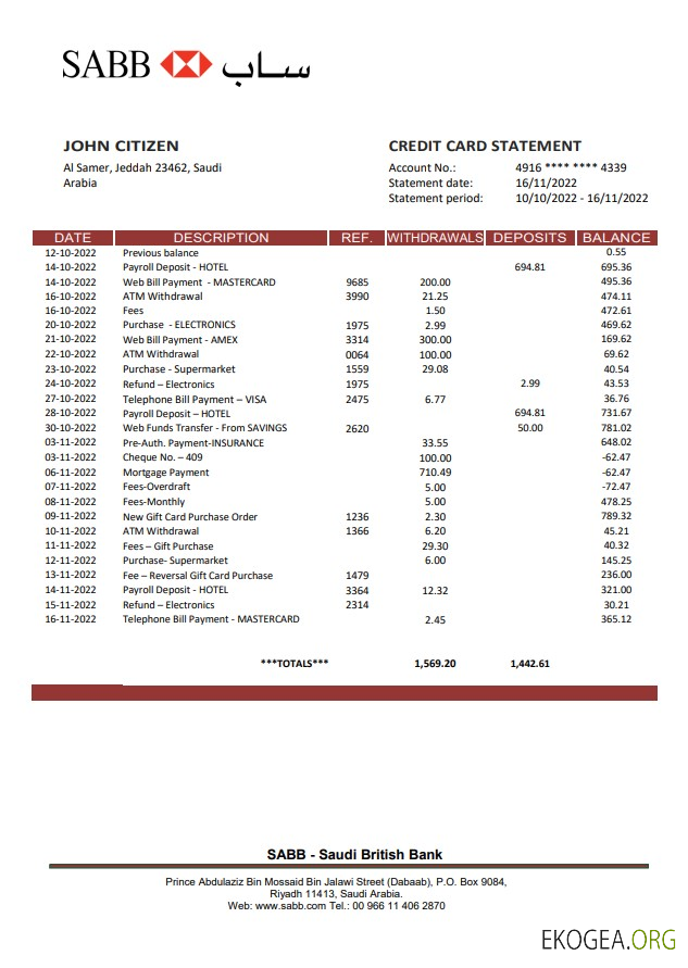 Relevé bancaire SABB en Arabie Saoudite